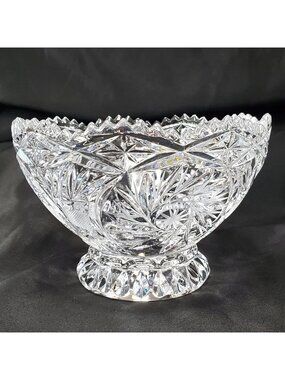 American Brilliant 24% Lead Glass Crystal Pedestal Bowl Pinwheel Star Sawtooth